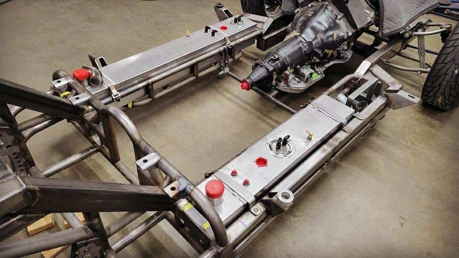 Custom frame with fabricated tanks and transmission in place