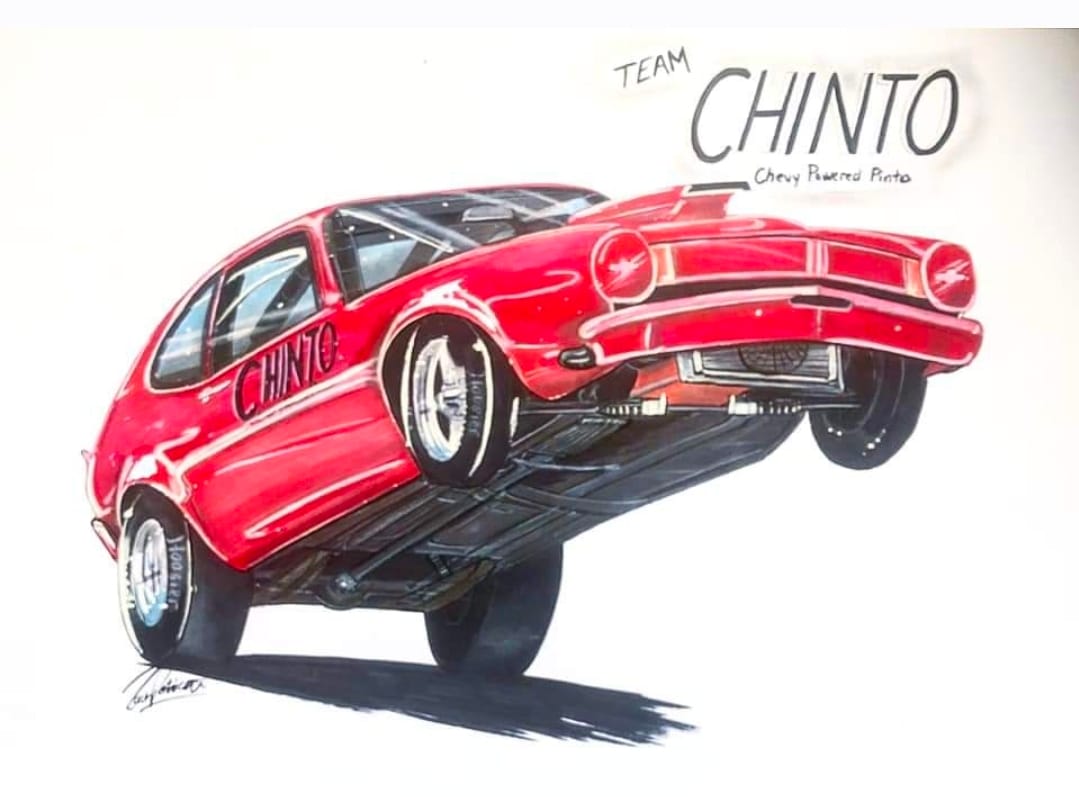 Team Chinto Chevy-powered Ford Pinto illustrated in a high-angle wheelstand during outlaw wheelstanding competition