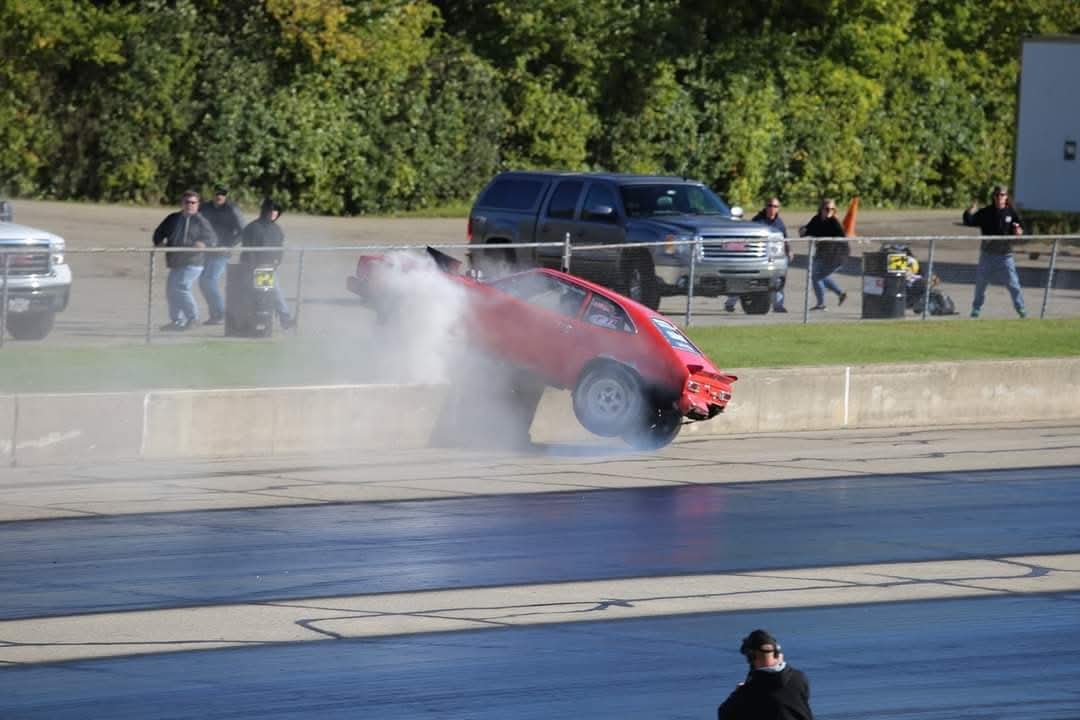 1974 Ford Pinto “Chinto” crashing after a high wheel stand during Outlaw Wheelstanding Association drag racing competition