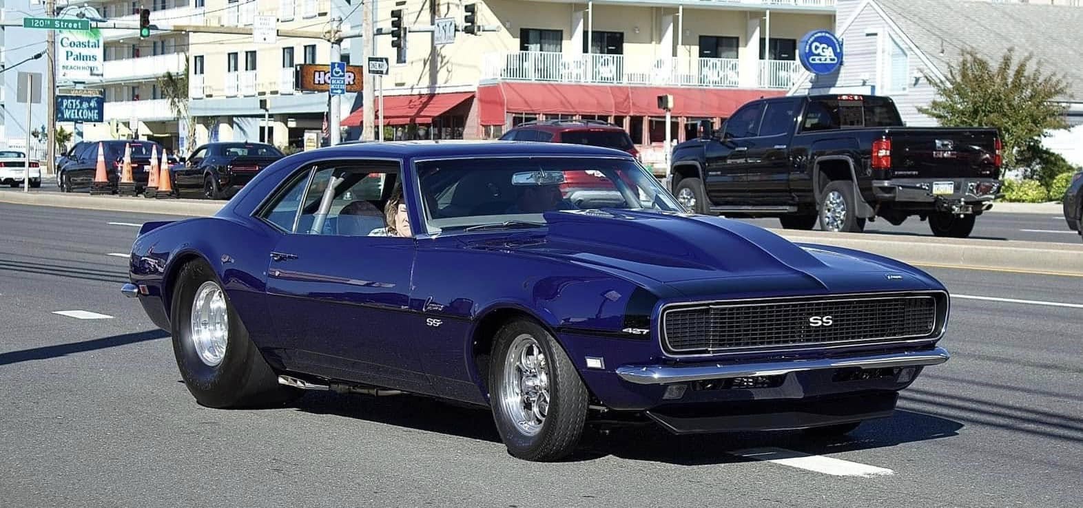 1968 Camaro Sapphire cruising on the street with Pro Street rear tire stance